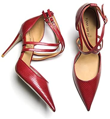 FSJ Women High Heel Stiletto Ankle Strap Sandals Pointed Toe Hollow Pumps Genuine Leather Dress Shoes Cross Strips Buckle Shoes