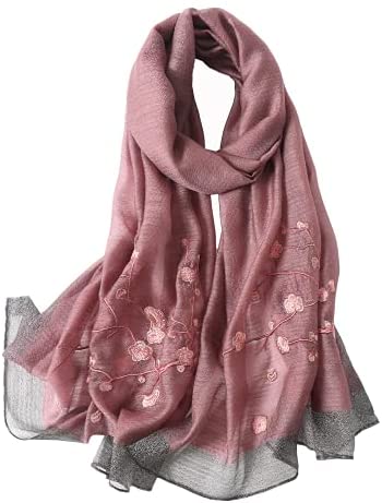 WINCESS YU Women Mulberry Silk Scarf Long & Large Embroidered Floral Pattern Shawl and Wraps Neckerchief for Hair & Neck