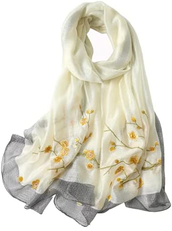WINCESS YU Women Mulberry Silk Scarf Long & Large Embroidered Floral Pattern Shawl and Wraps Neckerchief for Hair & Neck