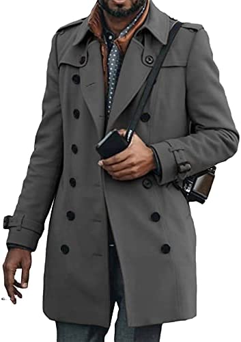 Mens Long Double Breasted Trench Coat Notch Lapel Collar Solid Color Windbreaker Waterproof Jacket Overcoat Outwear