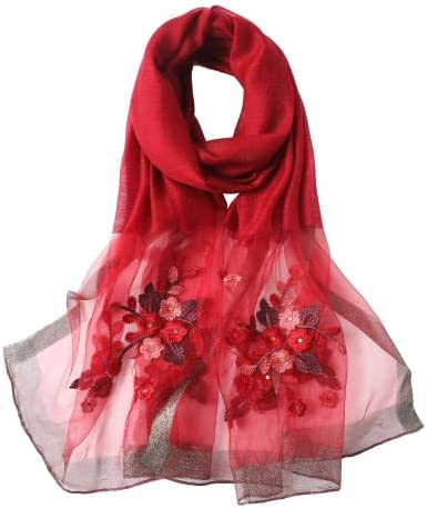 WINCESS YU Women Mulberry Silk Scarf Lightweight Embroidered Floral Shawl Wraps Beach Gauze Blanket Shawl for All Season