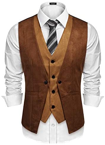 Men's Suede Leather Vest Layered Style Dress Vest Waistcoat