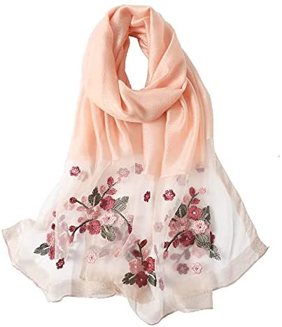 WINCESS YU Women Mulberry Silk Scarf Lightweight Embroidered Floral Shawl Wraps Beach Gauze Blanket Shawl for All Season