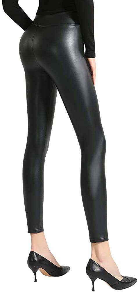 Ginasy Black Faux Leather Leggings for Women High Waisted Stretch Leather Pants with Thin Fleece Line