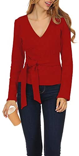 Zumla Women Tops Long Sleeve Casual Fall Sexy Wrap V Neck Blouse for Work Tie Front