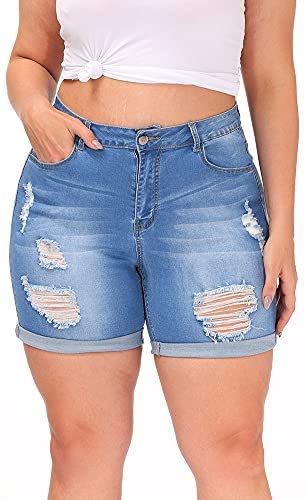 Plus Size Denim Shorts Women High Waisted Ripped Folded Hem Jean Shorts