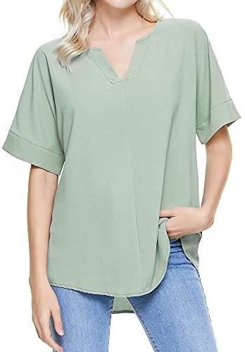 TIMSEM Womens Short Sleeve V Neck Curved Hem Chiffon Casual Blouse Shirts Tops