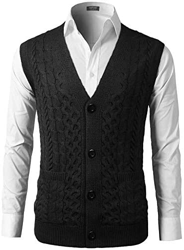 Mens Slim Fit V-Neck Cable Knit Sweater Vest with Front Button