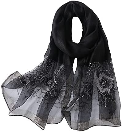 WINCESS YU Women Mulberry Silk Scarf Long & Large Embroidered Floral Pattern Shawl and Wraps Neckerchief for Hair & Neck