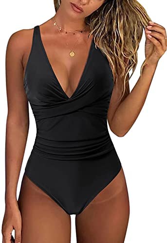 Zwurew Women One Piece V Neck Print Swimwear Swimsuit Solid Bodysuit Monokini Bather Bathing Beachwear