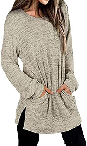 Women Loose Side Split Tunic T Shirt Casual Long Sleeve Sweatshirt Top with Pockets