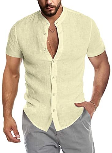 Men's Casual Cotton Shirts Mandarin Collar Short Sleeve Button Down Shirt