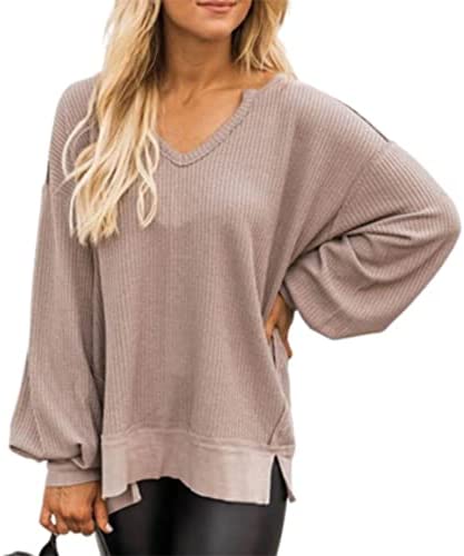 Zwurew Women's Waffle Knit Off Shoulder V-neck Sweater Dolman Long Sleeve Sweatshirt Top
