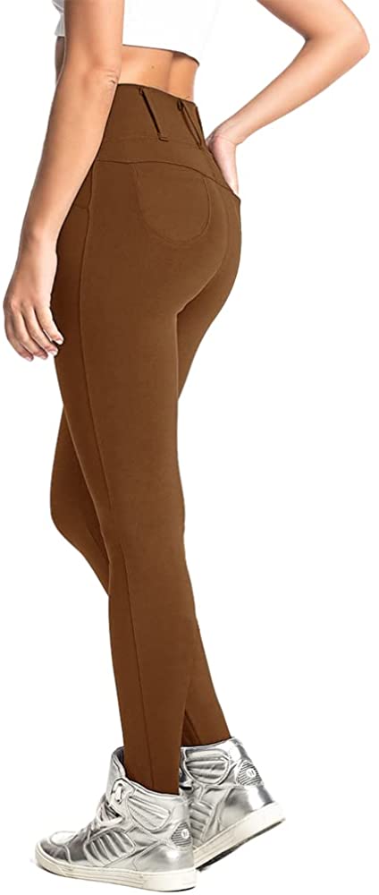 Women's Casual High Waist Stretch Comfy Skinny Pants with Pockets Solid Color Slim Fit Belt Loop Leggings