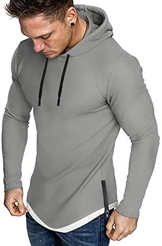 iWoo Mens Hooded T-Shirts Casual Lightweight Workout Hoodie Long/ Short Sleeve Hoodies Pullover Tee Tops Double Zips