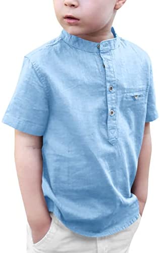 Kids Boys Linen Short Sleeve Henley Shirt Toddler Cotton Button Down Summer Tops Fashion Cool T-Shirts