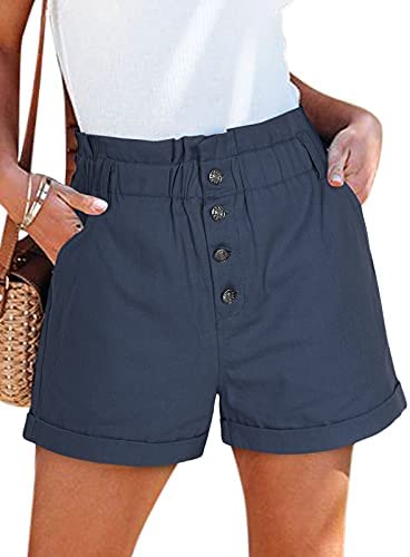 Women's 100% Cotton Teen Girls High Waist Front Buttons Summer Beach Rolled Casual Shorts with Pockets