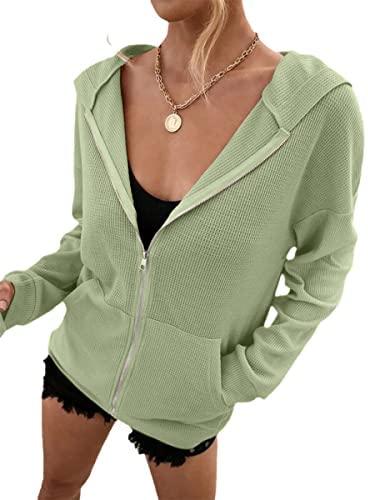 Zip Up Hoodie Women Long Sleeve Waffle Fall Oversized Sweatshirts Casual Hoodies Jacket with Pocket