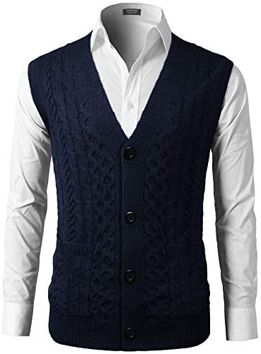 Mens Slim Fit V-Neck Cable Knit Sweater Vest with Front Button