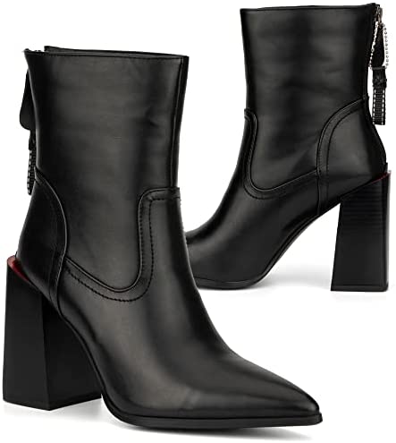 Torgeis Women’s Bella Fashion Supple faux leather,Zipper Ankle Boots, stacked heel pointed-Toe, Rubber Outsole