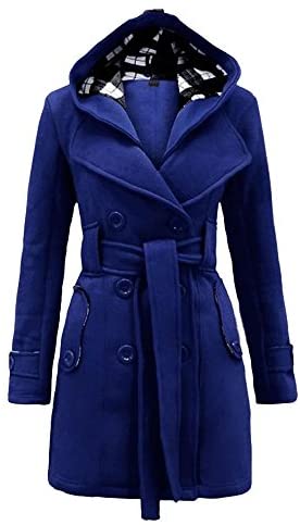 Women's Fleece Check Hooded Pea Coat Winter Double Breast Belted Wool Jacket