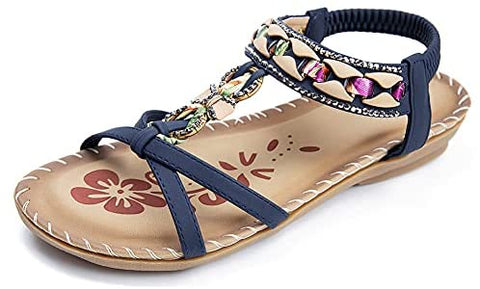 Womens Summer Comfort Flats Sandals with Elastic Ankle Strap Casual Gladiator Bohemian Rhinestone Shoes Beach Slip On Sandals Open Toe