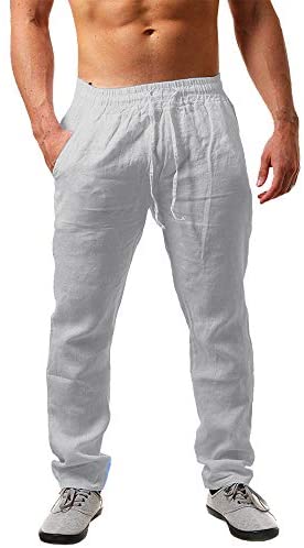 Karlywindow Mens Linen Pants Casual Loose Lightweight Drawstring Elastic Waist Summer Yoga Beach Trousers