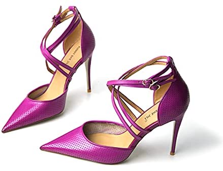 FSJ Women High Heel Stiletto Ankle Strap Sandals Pointed Toe Hollow Pumps Genuine Leather Dress Shoes Cross Strips Buckle Shoes