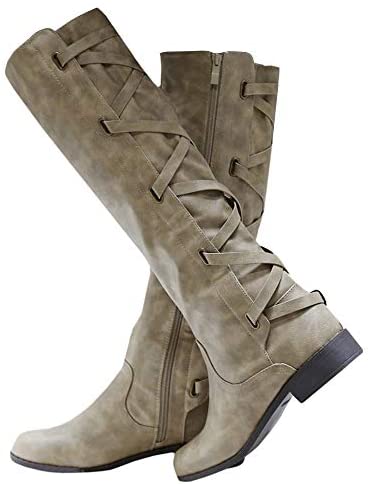 Womens Buckle Knee High Boots Riding Strappy Lace Up Pleated Low Heel Combat Boots