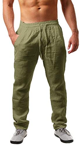 Karlywindow Mens Linen Pants Casual Loose Lightweight Drawstring Elastic Waist Summer Yoga Beach Trousers