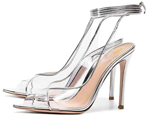 FSJ Women Sexy Stilettos High Heel Strappy Sandals Cross Strap Ankle Wrap Slingback Transparent Wedding Evening Dress Pumps Size 4-15 US