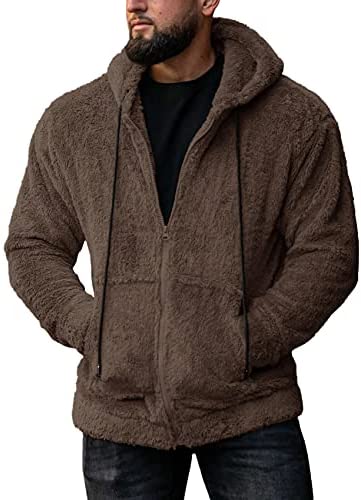 Mens Pullover Hoodie Fluffy Full Zip Sherpa Fleece Sweatshirts Fashion Casual Hooded Winter Warm Outwear with Pockets