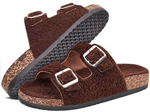 Katliu Women's Flat Slide Sandals Two Straps Buckle Slip on Slides Arch Support Cork Footbed Shearling Sandals