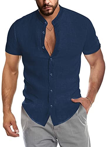 Men's Casual Cotton Shirts Mandarin Collar Short Sleeve Button Down Shirt