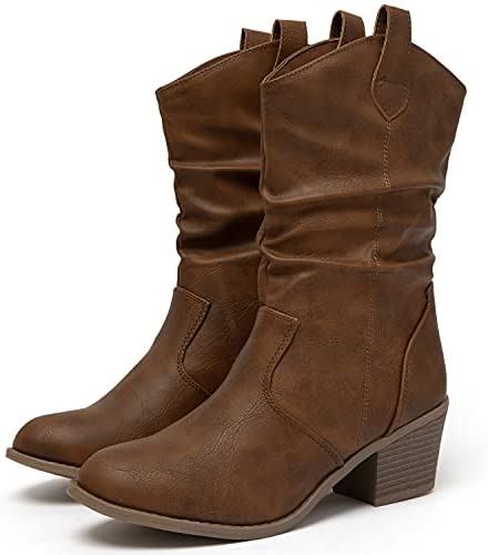 Katliu Women's Western Cowboy Boots Slouchy Chunky Heel Mid-Calf Boots with Pull-Up Tabs