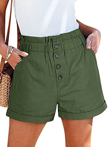 Women's 100% Cotton Teen Girls High Waist Front Buttons Summer Beach Rolled Casual Shorts with Pockets