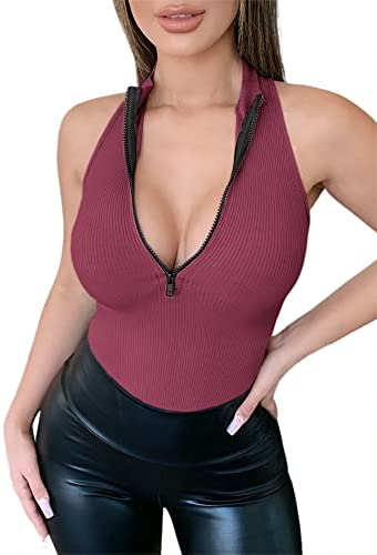 GAMISOTE Womens Deep V Neck Tank Tops Ribbed Halter Zip Up Slim Fit Shirts Sexy Clubwear