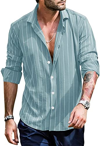 Men's Striped Long Sleeve Shirts Button Down Casual Roll Up Sleeve V Neck Beach T-Shirts Linen Tops