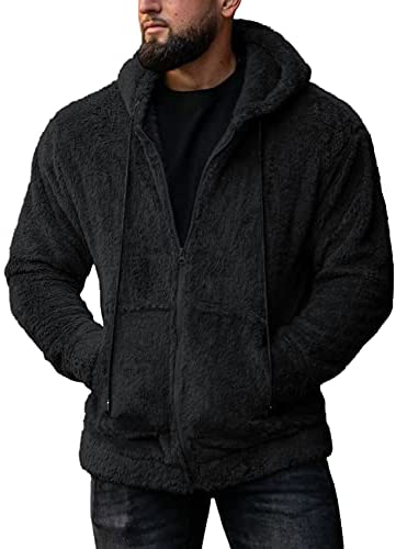 Mens Pullover Hoodie Fluffy Full Zip Sherpa Fleece Sweatshirts Fashion Casual Hooded Winter Warm Outwear with Pockets