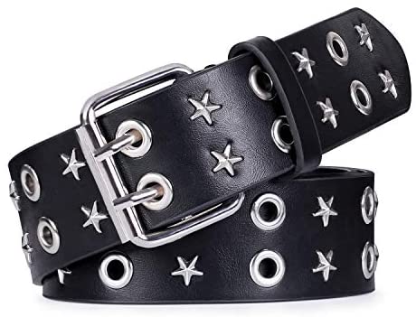 Double Grommet PU Leather Belt for Women/Men Punk metal Jean Belt Wide 1.5 Inch