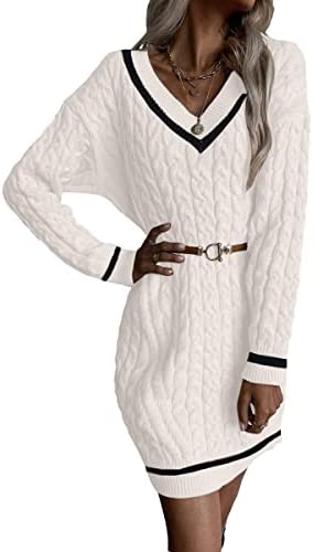 Dyexces Womens Cable Knit Sweater Dress Long Sleeve V Neck Mini Knit Dresses Without Belt Loose Casual Sweaters