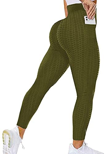 Women's Bubble Hip Butt Lifting High Waist Leggings Honeycomb Textured Tummy Control Yoga Pants Pocket Sport Tights