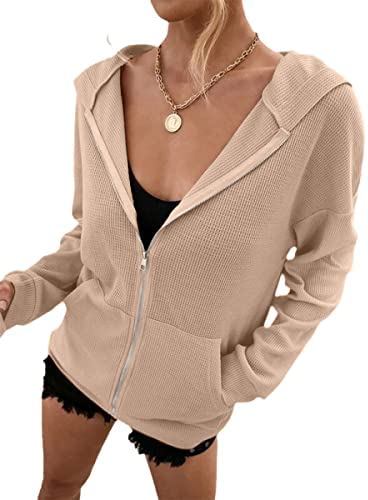 Zip Up Hoodie Women Long Sleeve Waffle Fall Oversized Sweatshirts Casual Hoodies Jacket with Pocket