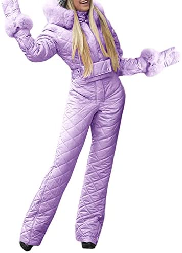 Womens Onesies Ski Suit Jumpsuit Outdoor Winter Skiing Jacket Snowsuit Fur Collar Coat with Hoodies Removable