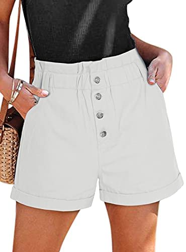 Women's 100% Cotton Teen Girls High Waist Front Buttons Summer Beach Rolled Casual Shorts with Pockets