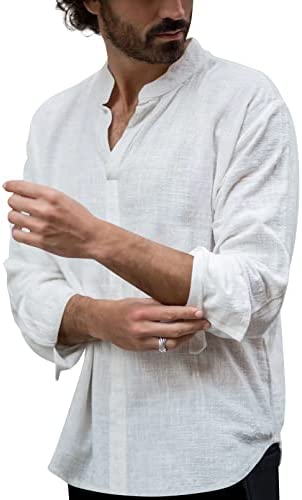 Mens Linen Cotton Casual Henley Shirts Long Sleeve Basic Lightweight Shirt Beach Fishing Yoga Tops