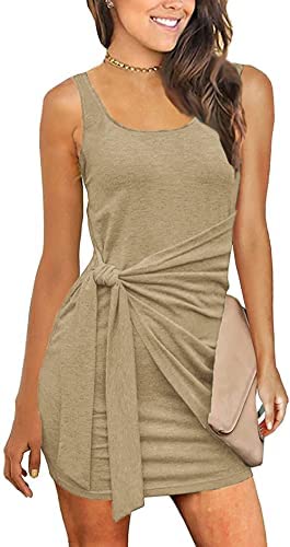 Women Sleeveless Ruched Tie Waist Sundress Tank Bodycon Mini Dress Basic Party Club Shirt Dress