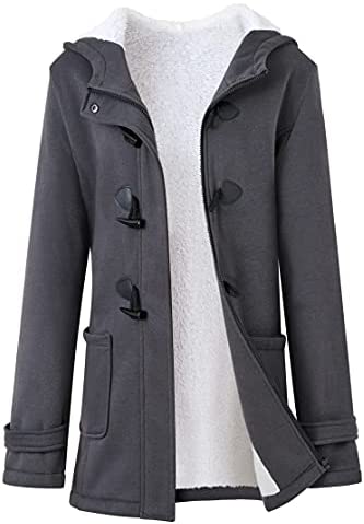 Women's Fuzzy Fleece Pea Coat Winter Casual Zip Up Button Jacket Fashion Warm Long Sleeve Hooded Outerwear with Pockets