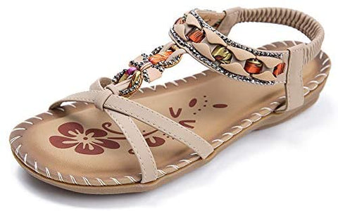 Womens Summer Comfort Flats Sandals with Elastic Ankle Strap Casual Gladiator Bohemian Rhinestone Shoes Beach Slip On Sandals Open Toe