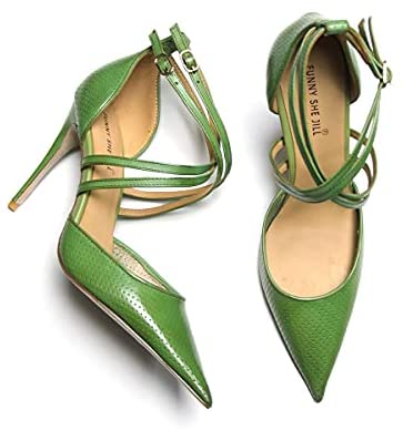 FSJ Women High Heel Stiletto Ankle Strap Sandals Pointed Toe Hollow Pumps Genuine Leather Dress Shoes Cross Strips Buckle Shoes